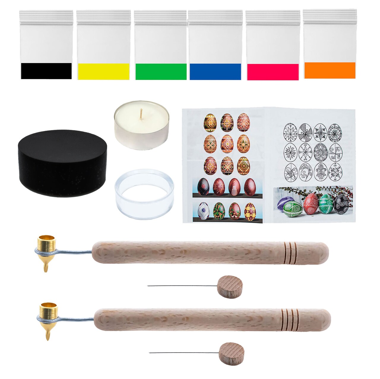 2 Kistkas Pens (0.3 mm, 0.4 mm), Beeswax, 6 Dyes, Candle, Stand and Instructions Ukrainian Easter Egg Decorating Kit 12 Pieces